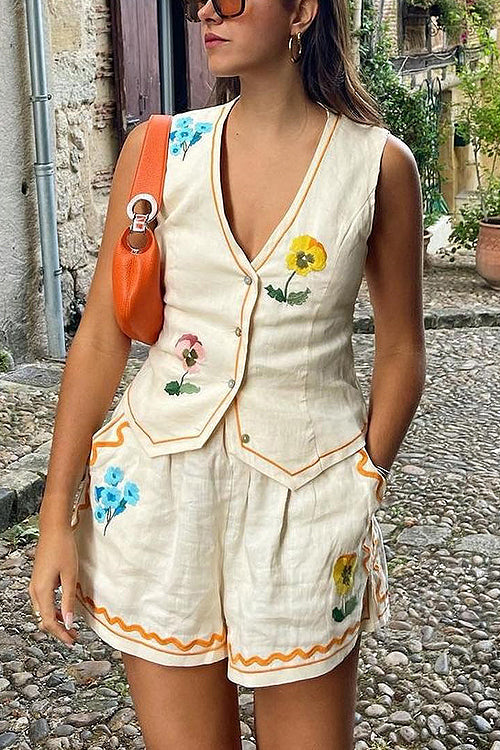 Summer Floral Embroidered Sleeveless Suit