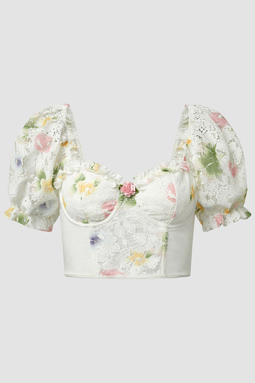 Vintage Flower Lace Puff Sleeve Crop Top