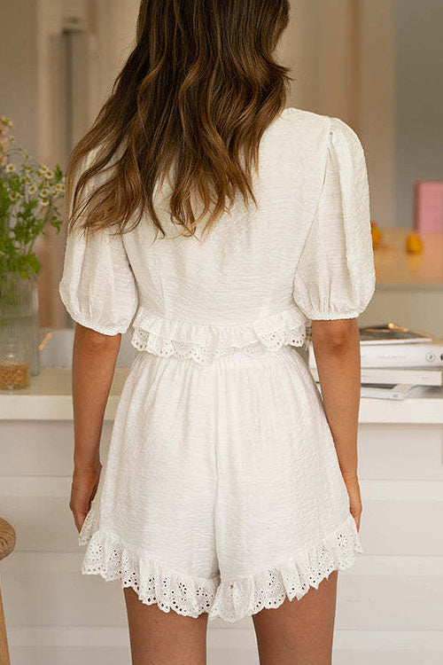 White Lace Crochet Short Sleeve Suit
