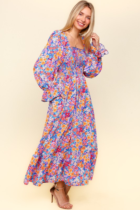 Smocked Floral Square Neck Flounce Sleeve Dress