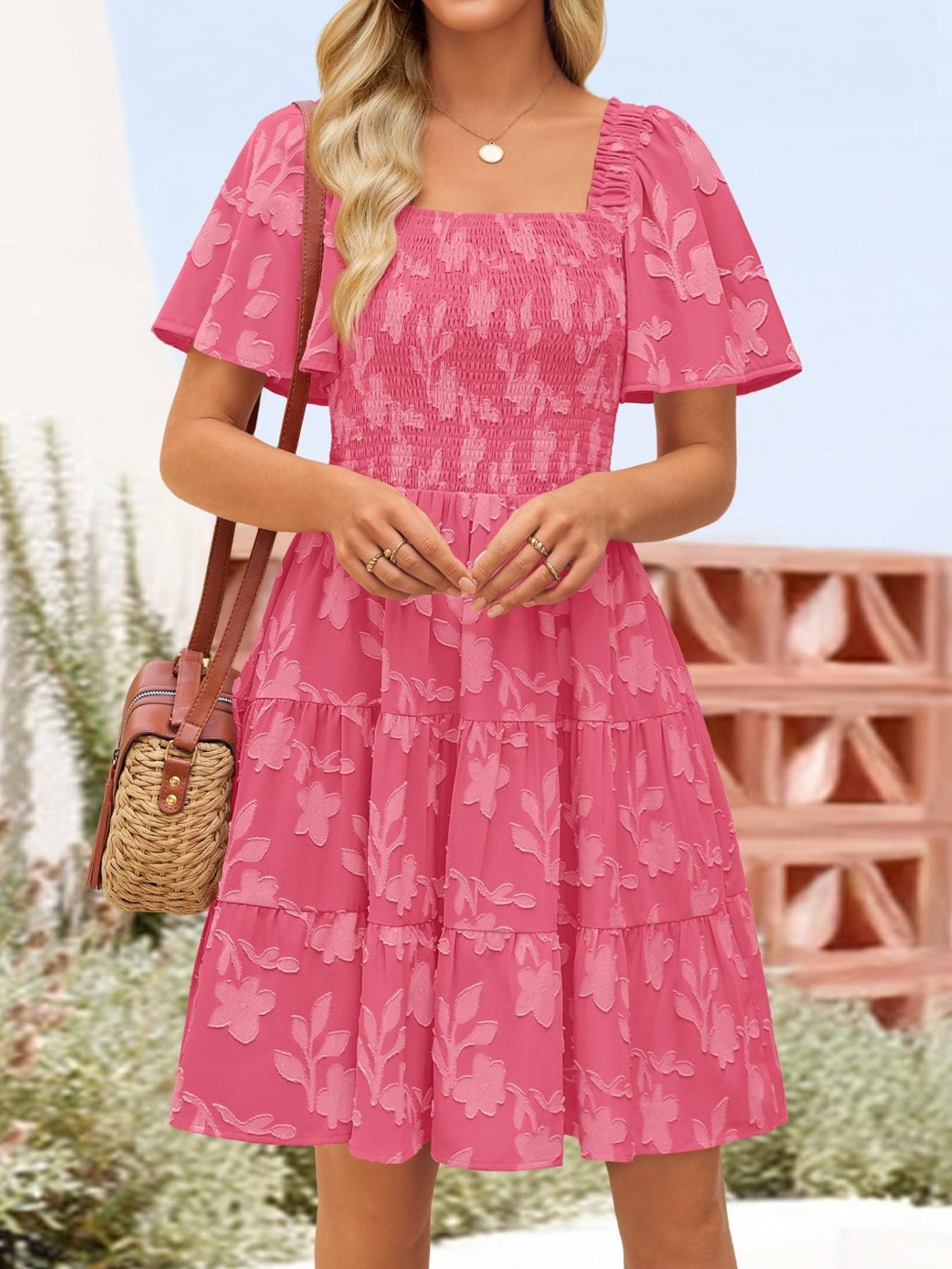 Tiered Square Neck Short Sleeve Dress