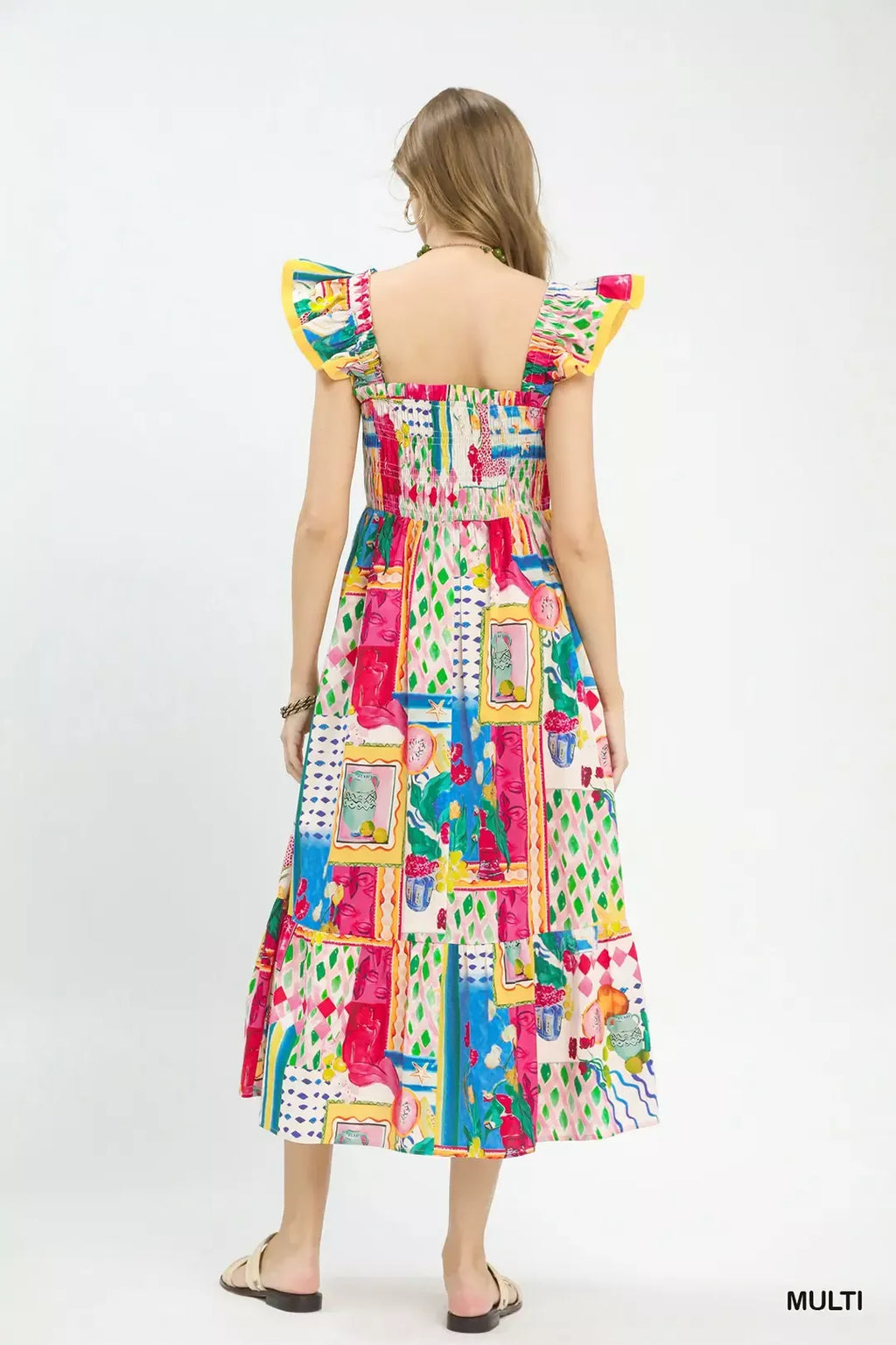 Abstract Print Smocked Ruffle Sleeve Tiered Midi Dress
