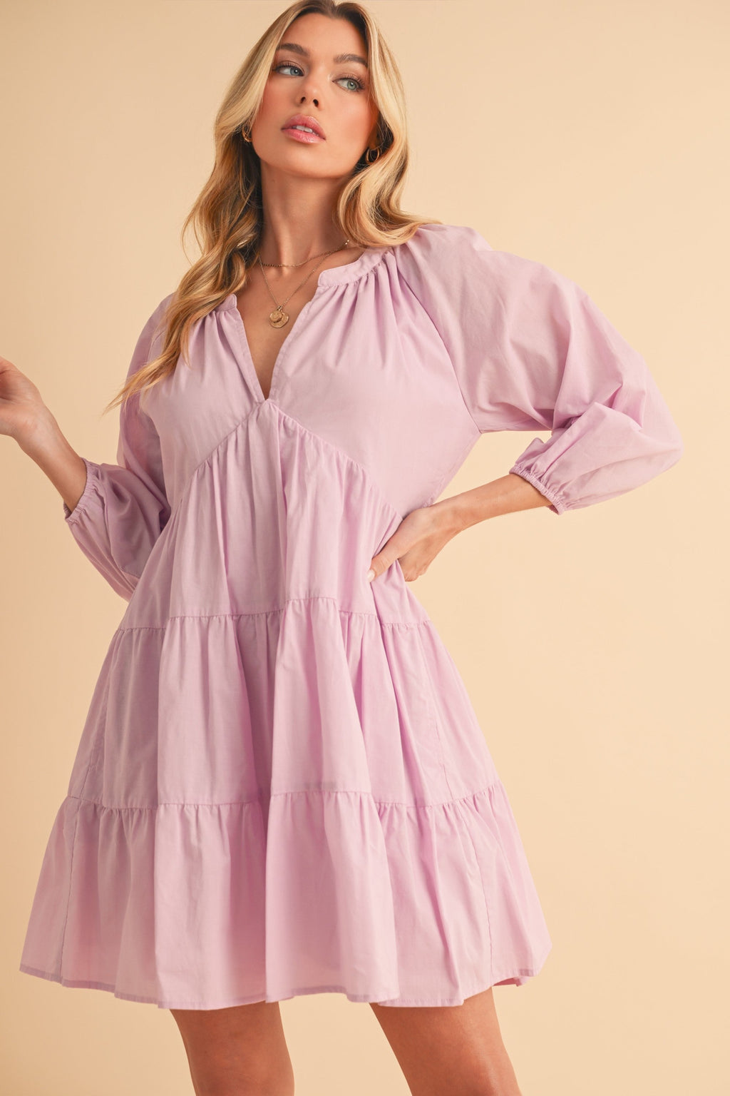 Notched Balloon Sleeve Tiered Mini Dress