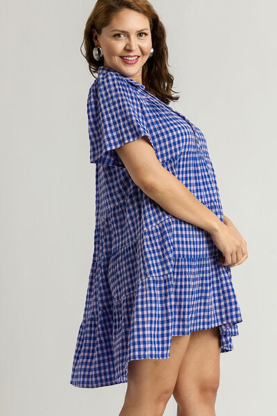 Full Size Gingham Tiered Button Detail Short Sleeve Dress Plus Size