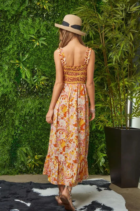 Multi Smocked Bodice Geo Ruffle Strappy Midi Dress