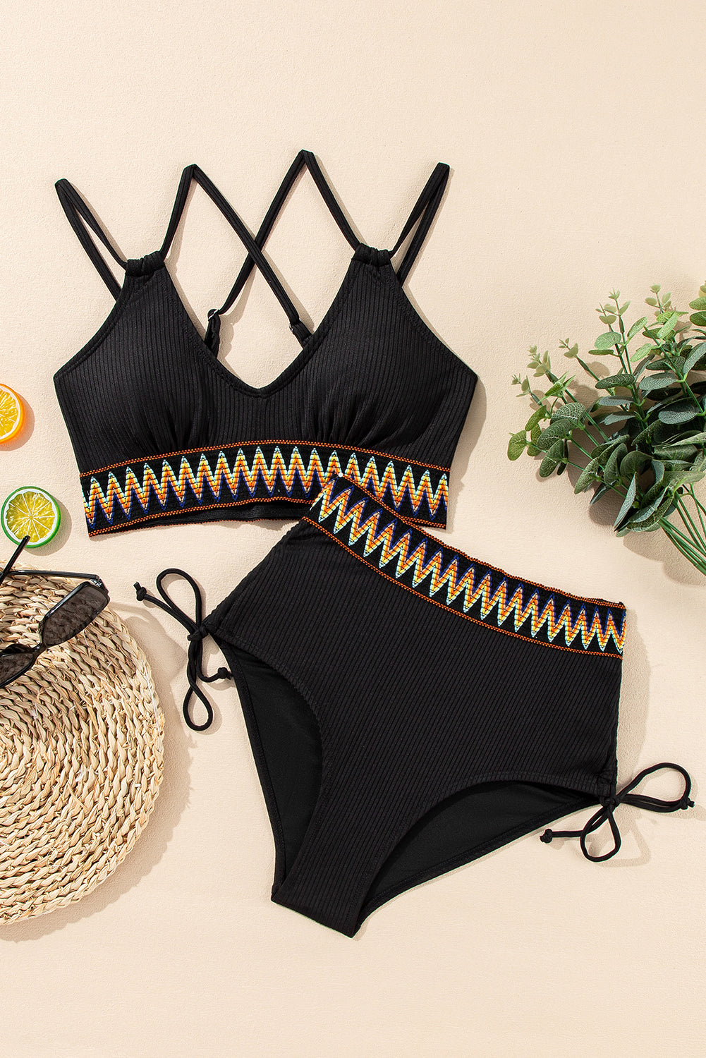 Ribbed Knit Tribal Contrast Detail 2pcs High Waist Swimsuit