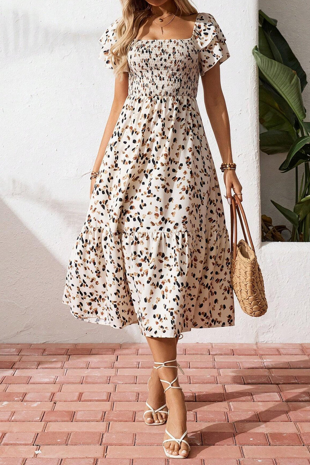 Ditsy Floral Smocked Square Neck Dress