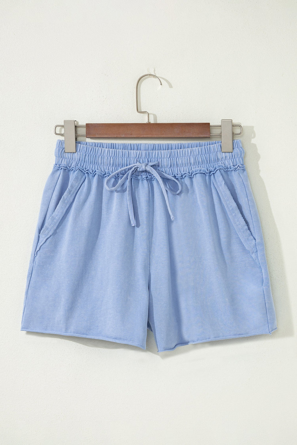 Rose Red Mineral Washed Drawstring Elastic Waist Raw Cut Shorts
