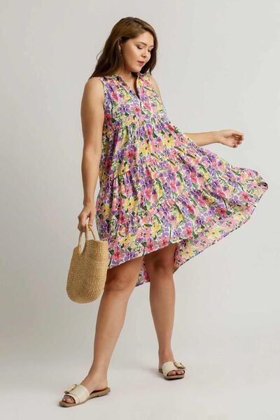 Full Size High-Low Hem Floral Sleeveless Tiered Dress Plus Size