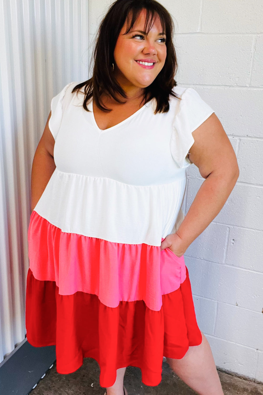 Red Tiered Frill Sleeve Midi Dress