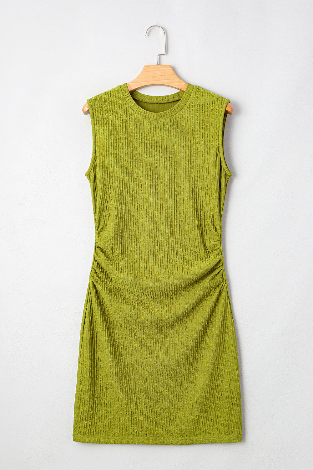 White Solid Color Textured Ruched Side Bodycon Tank Dress