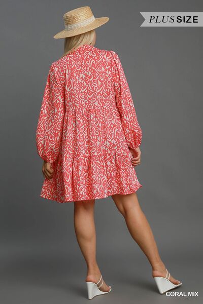 Full Size Two Tone Print Balloon Sleeve Tiered Dress Plus Size
