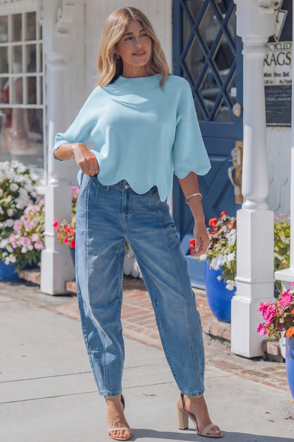 Pink Scalloped Hem 3/4 Sleeve Sweater Top