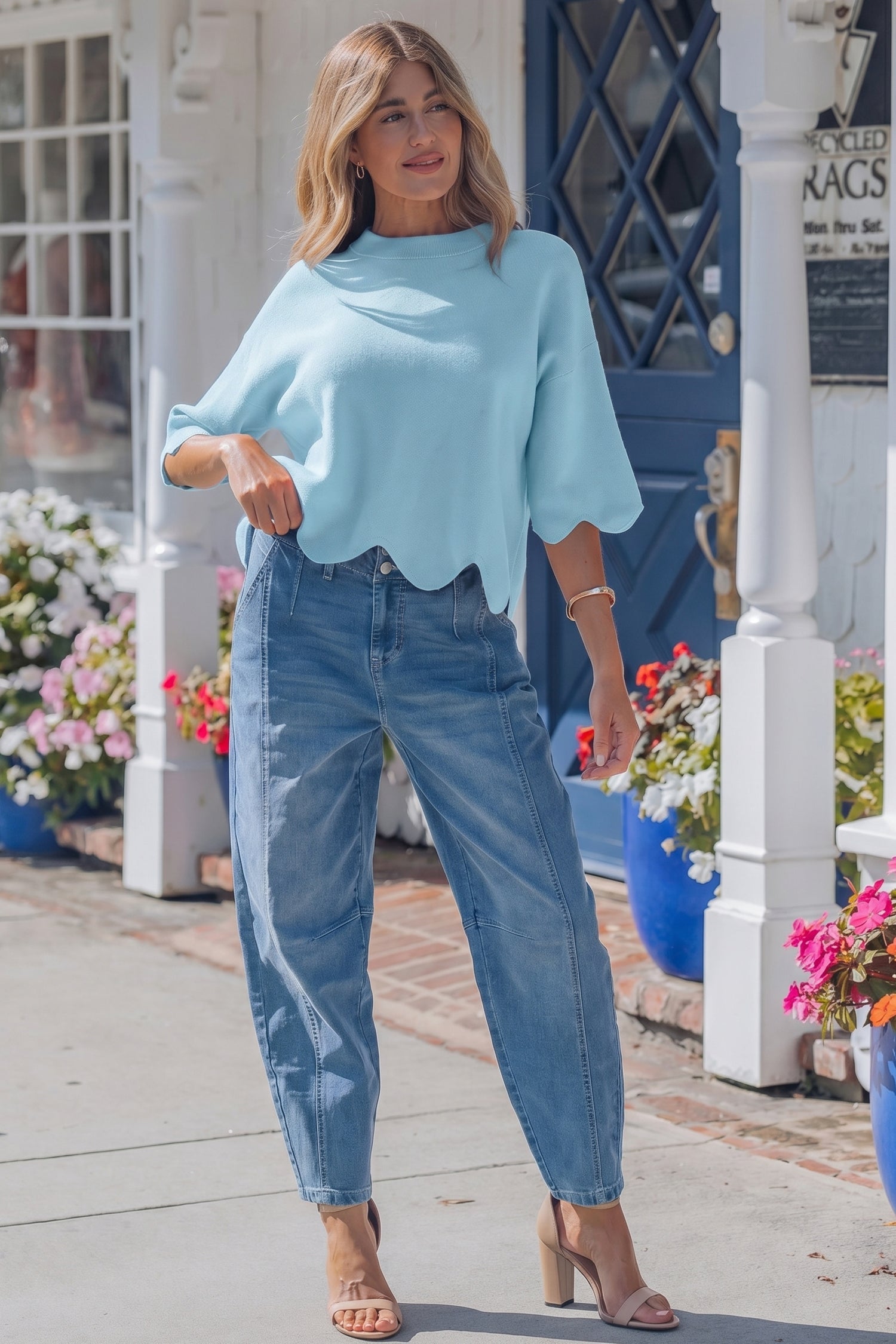 Pink Scalloped Hem 3/4 Sleeve Sweater Top
