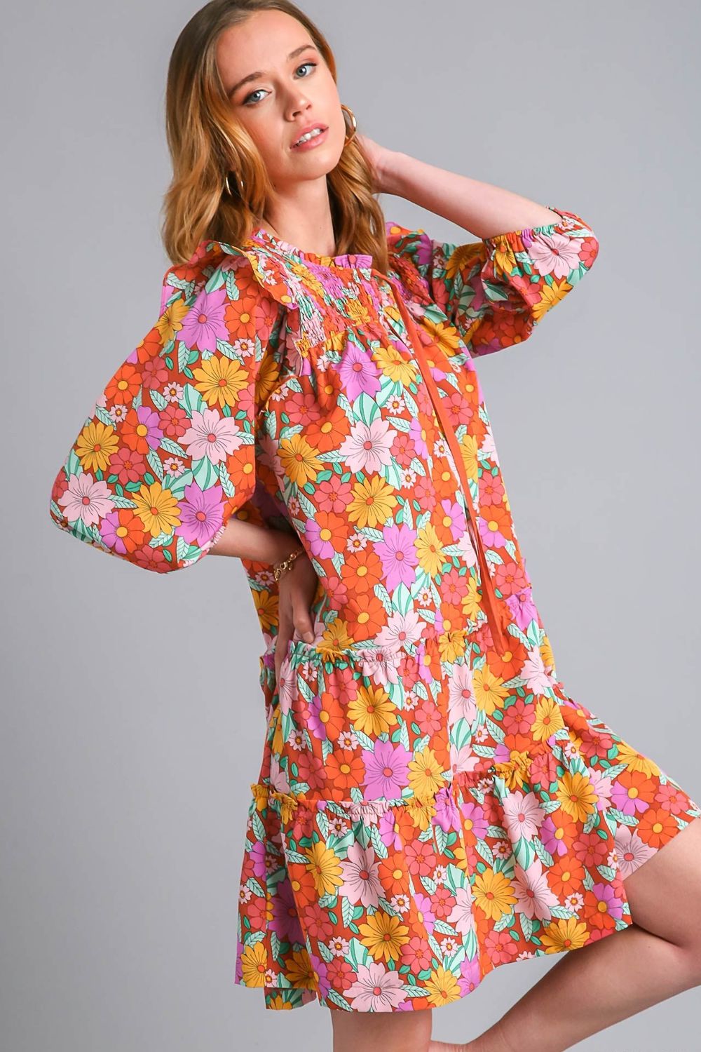 Full Size Ruffled Flower Print Tie Neck Tiered Dress Plus Size