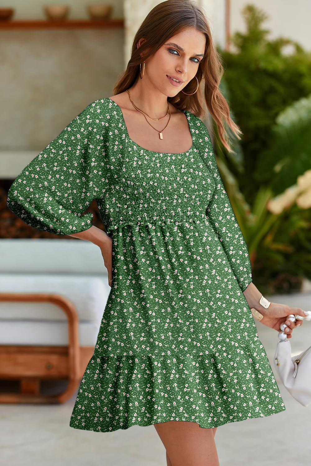 Green Floral 3/4 Sleeve Square Neck Smocked Mini Dress