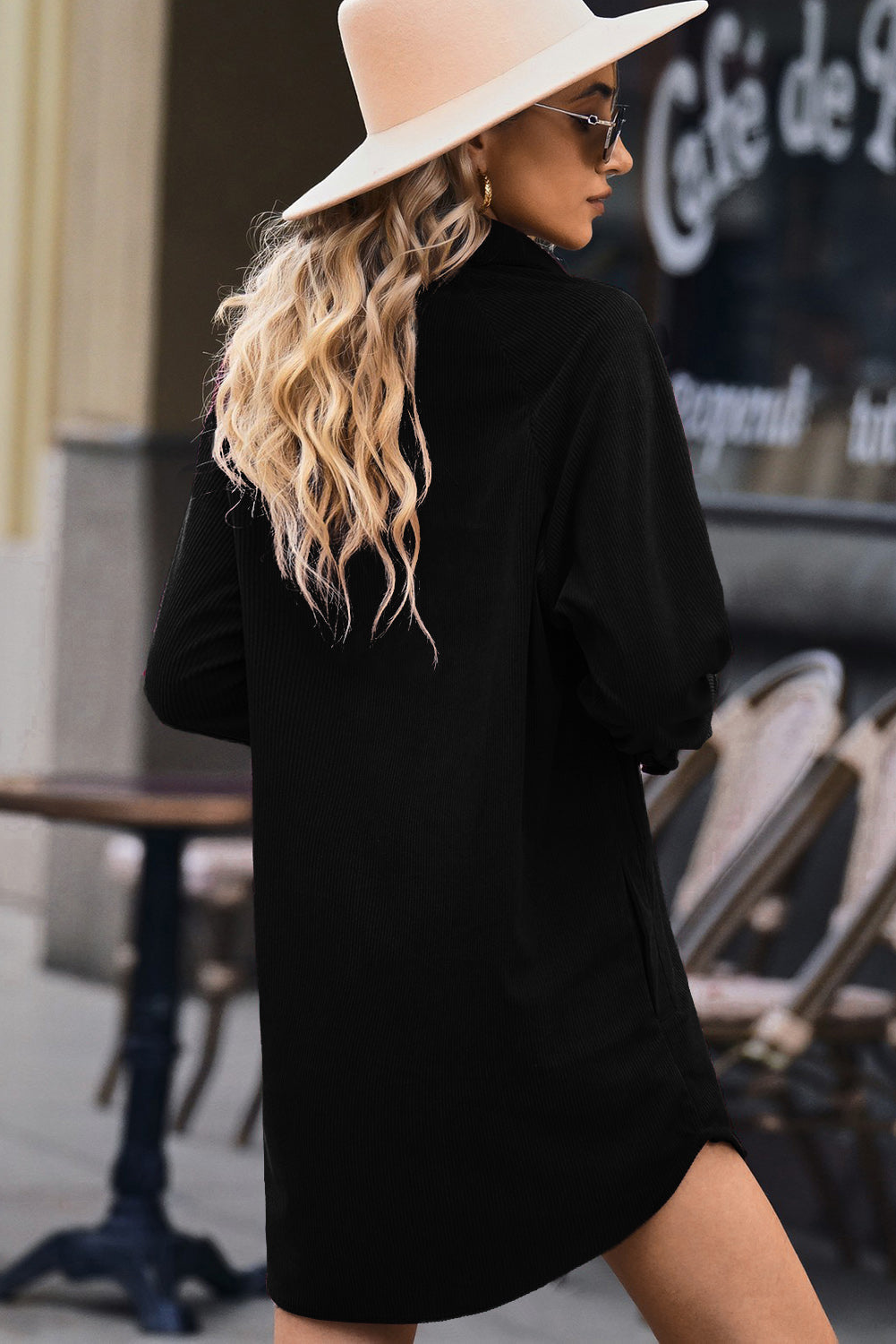 Black Corduroy Shirt Style Full Button Long Sleeve Shift Mini Dress