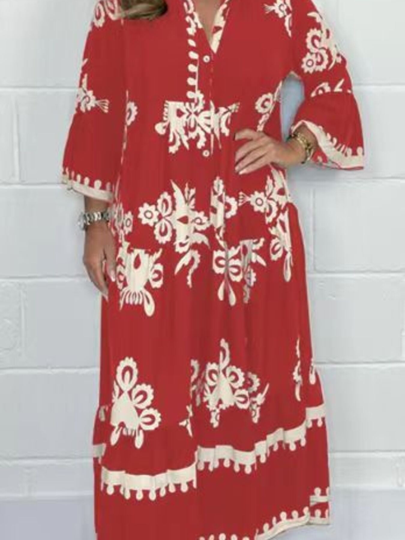 Full Size Printed Notched 3/4 Sleeve Midi Dress Plus Size