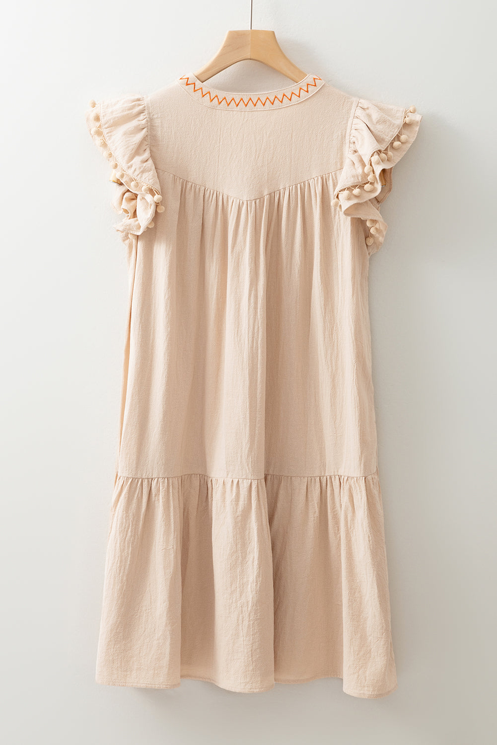 Jet Stream Linen Embroidery Split Neck Pom Pom Ruffle Sleeve Short Dress
