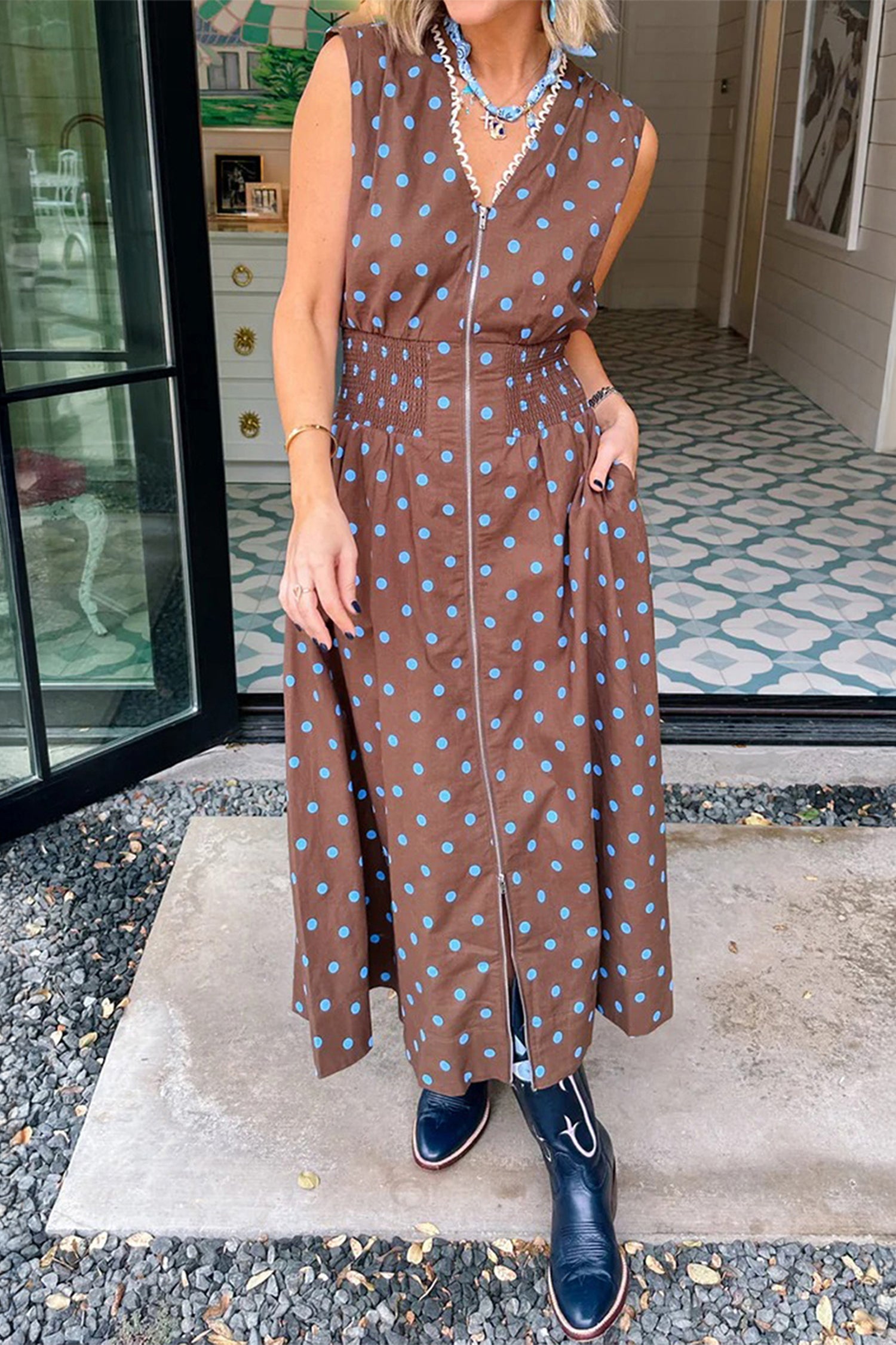 Black Polka Dot Print Contrast Trim V Neck Zip Up Sleeveless Dress
