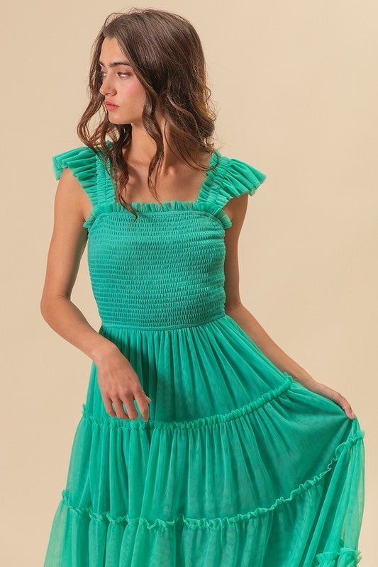 Frill Mesh Tiered Midi Dress