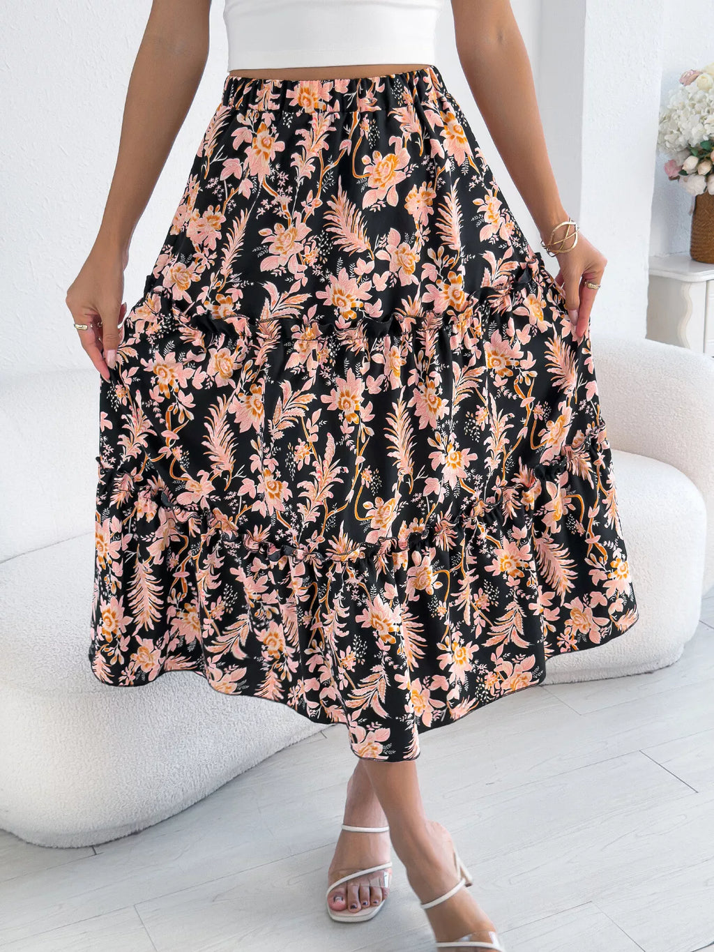 Floral Print Ruffle Hem Flowy Midi Skirt