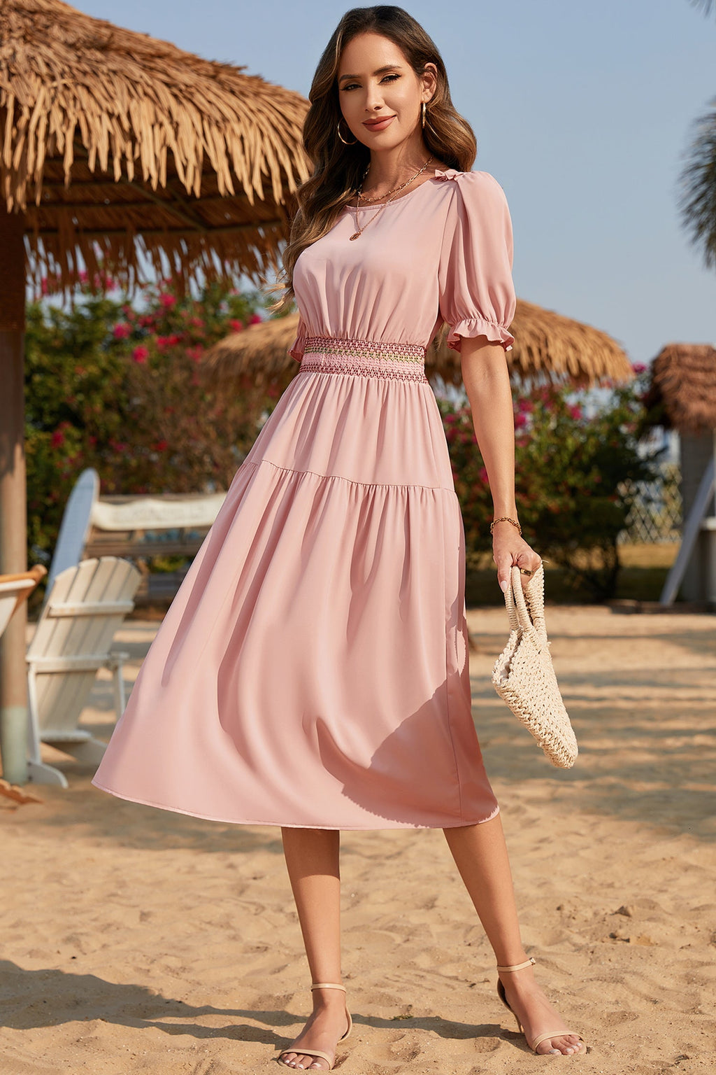 Apricot Contrast Shirred Elastic Waist Short Sleeve Midi Dress
