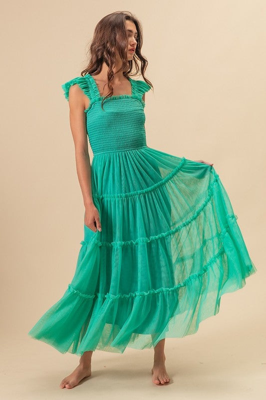 Frill Mesh Tiered Midi Dress