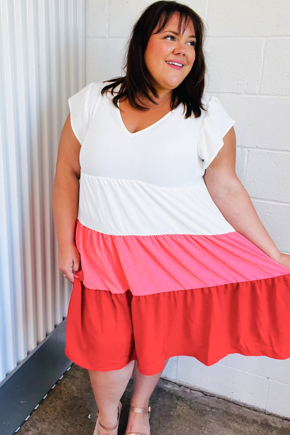 Red Tiered Frill Sleeve Midi Dress