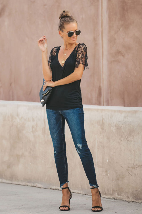 Lace Shoulder Tee - 5 Colors