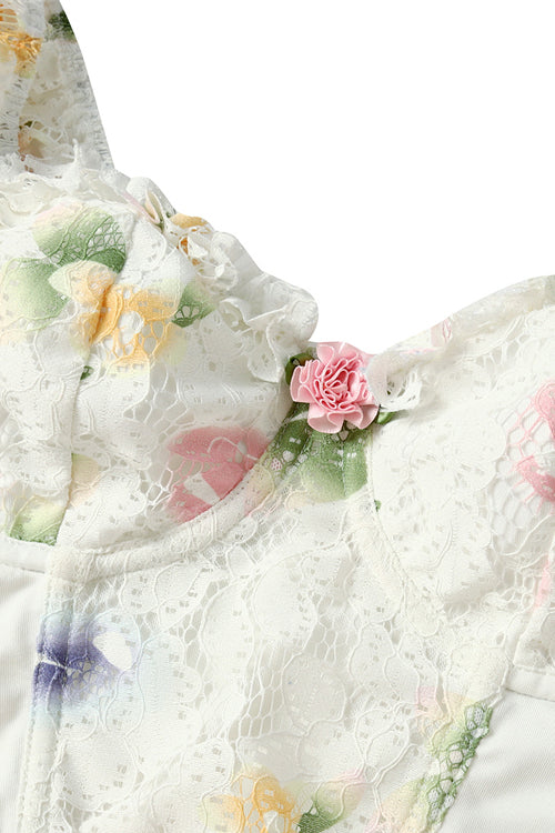 Vintage Flower Lace Puff Sleeve Crop Top