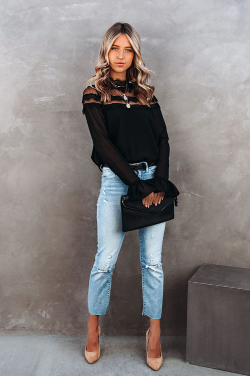 Black Lace Dotted Long Sleeve Top