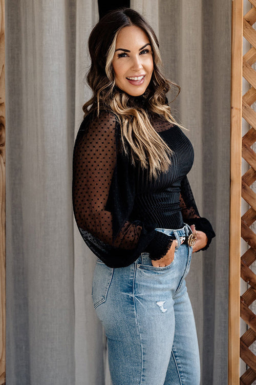 Black Swiss Dot Tulle Long Sleeve Top