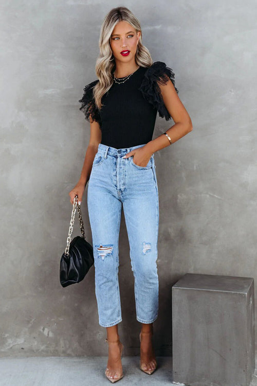 Swiss Dot Tulle Sleeve Knit Top - 3 Colors