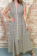 Beige Leopard Zip Front V Neck Cinched Waist Sleeveless Maxi Dress