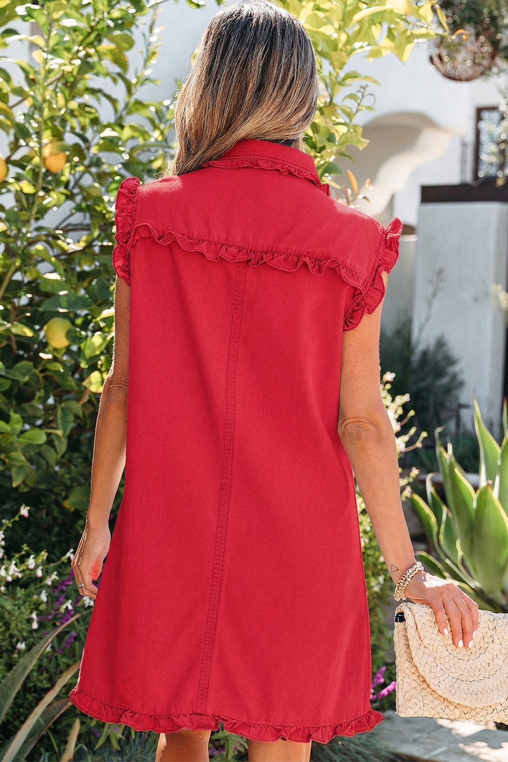 Sail Blue Ruffled Edge Collared Shift Denim Dress with Pockets