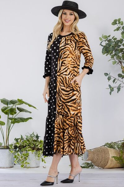 Full Size Polka Dot & Leopard Round Neck Midi Dress Plus Size