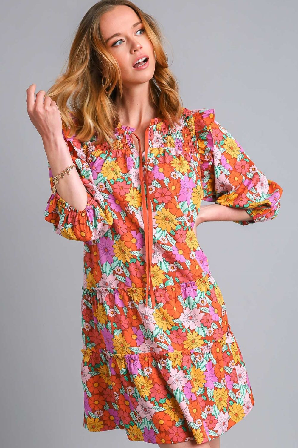 Full Size Ruffled Flower Print Tie Neck Tiered Dress Plus Size