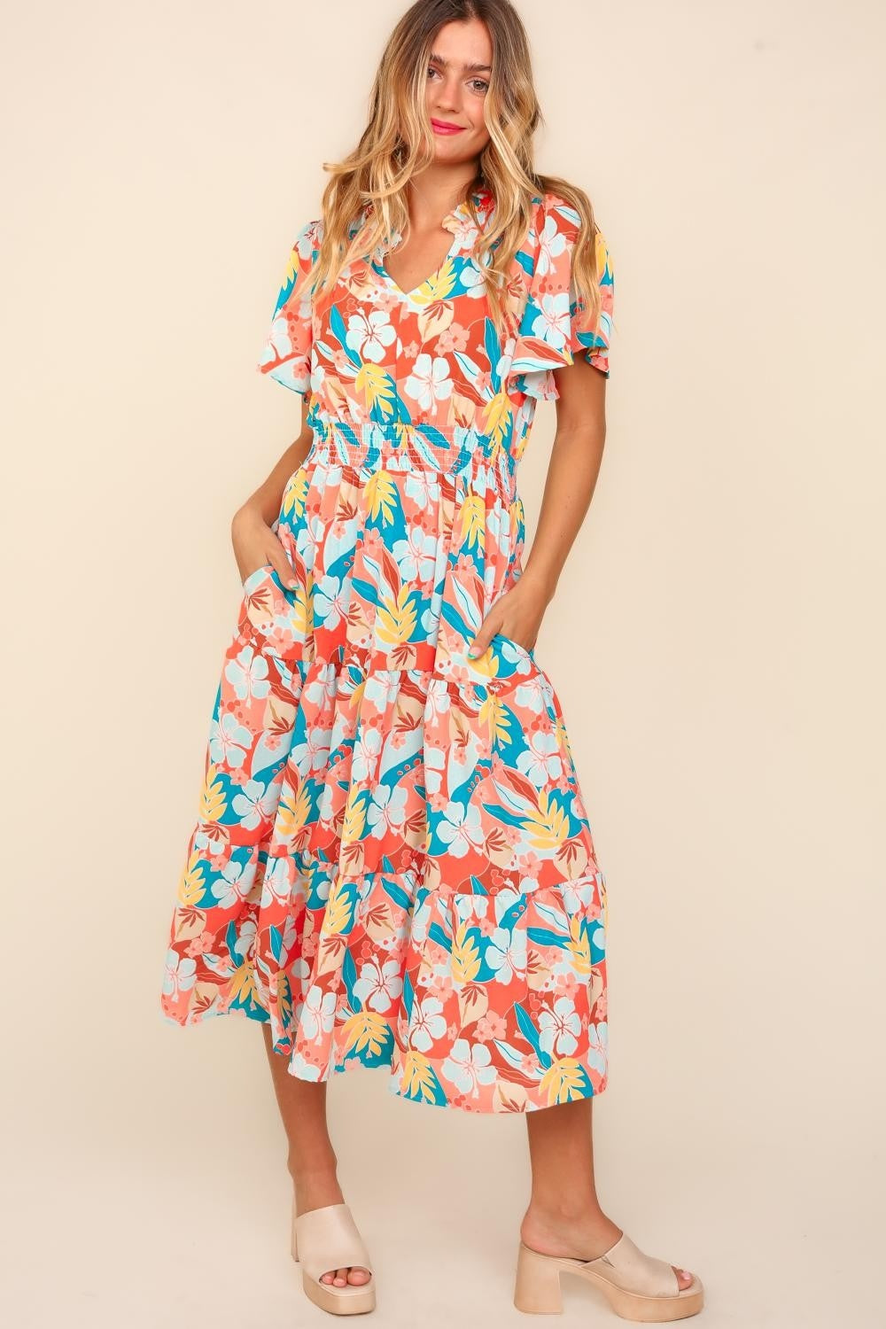 Full Size Tropical Floral Tiered Dress with Side Pockets