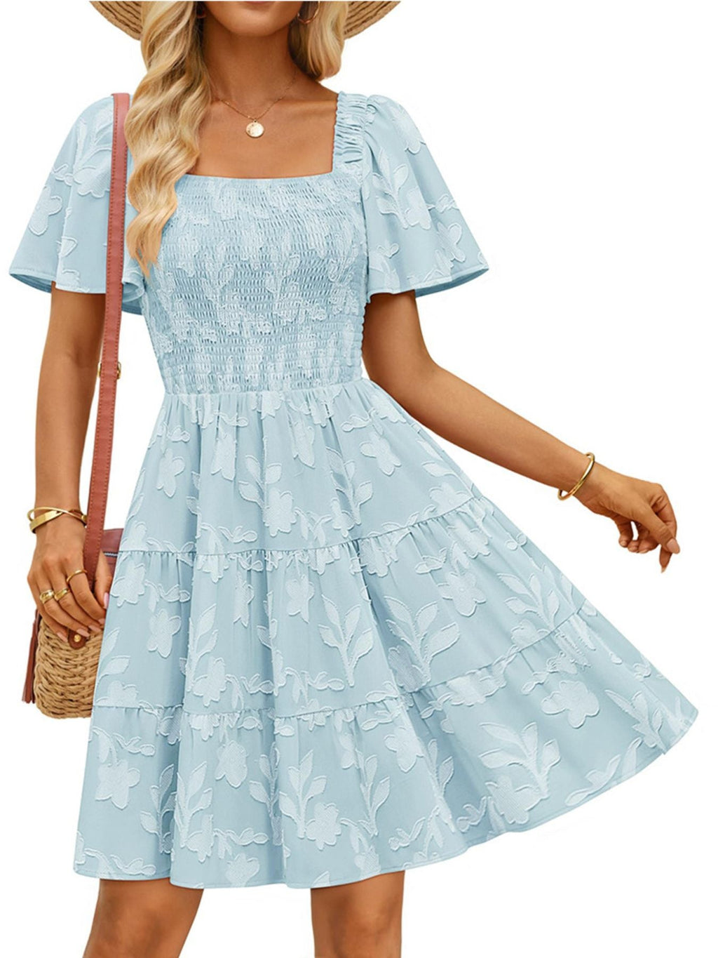 Tiered Square Neck Short Sleeve Dress