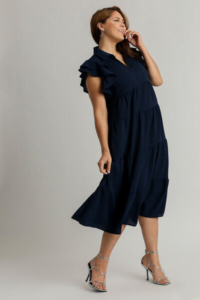 Full Size Johnny Collar Ruffle Cap Sleeve Tiered Dress Plus Size