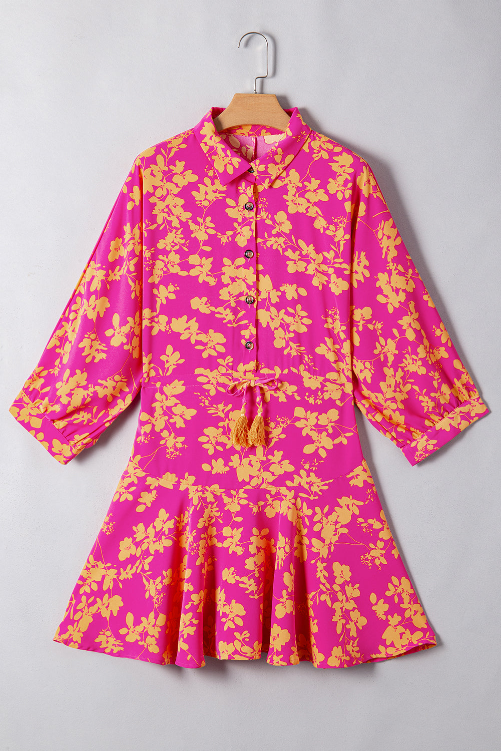 Pink Floral Print Drawstring Flowy Short Dress