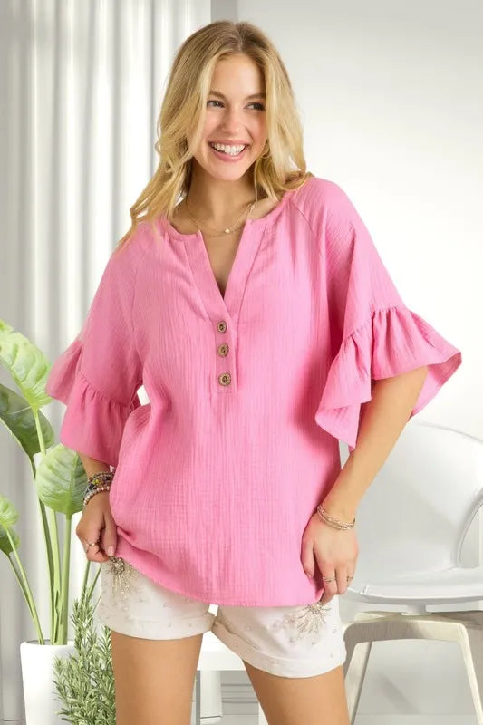 Ruffle Sleeve Crinkle Top