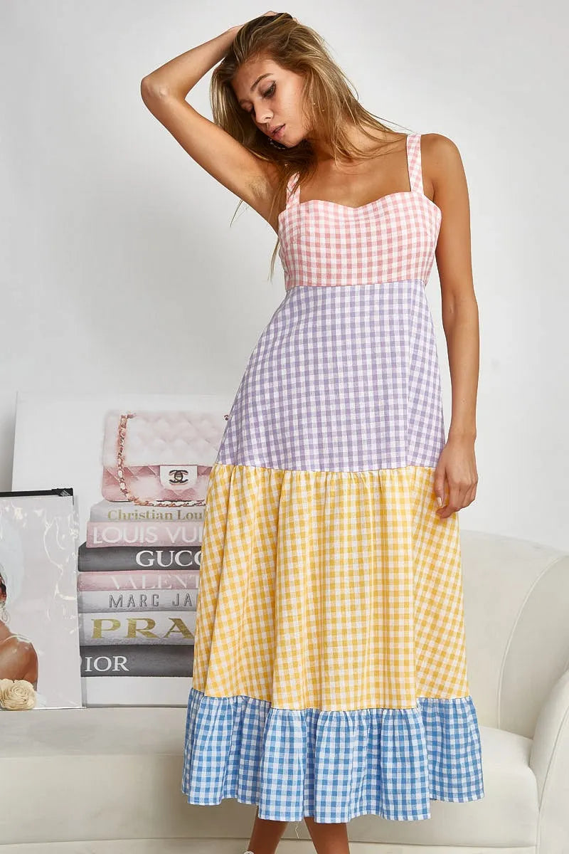 Color Block Tiered Gingham Dress