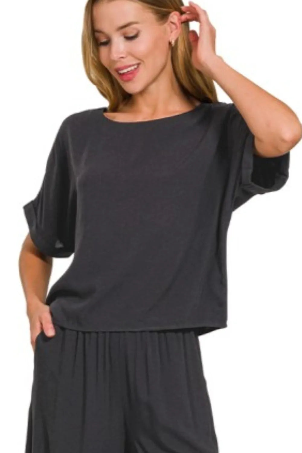 Round Neck T-Shirt and Wide Leg Pants Set