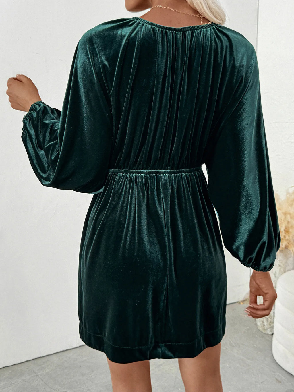 Ruched V-Neck Balloon Sleeve Dress
