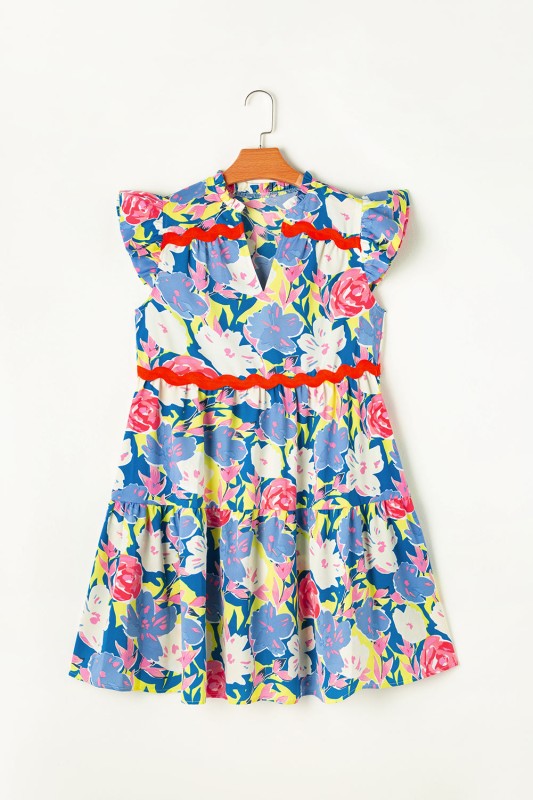 Floral Ric-Rac Flutter Sleeve V-Neck Dress