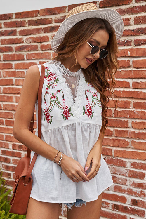 Lace Up Floral Embroidered Top