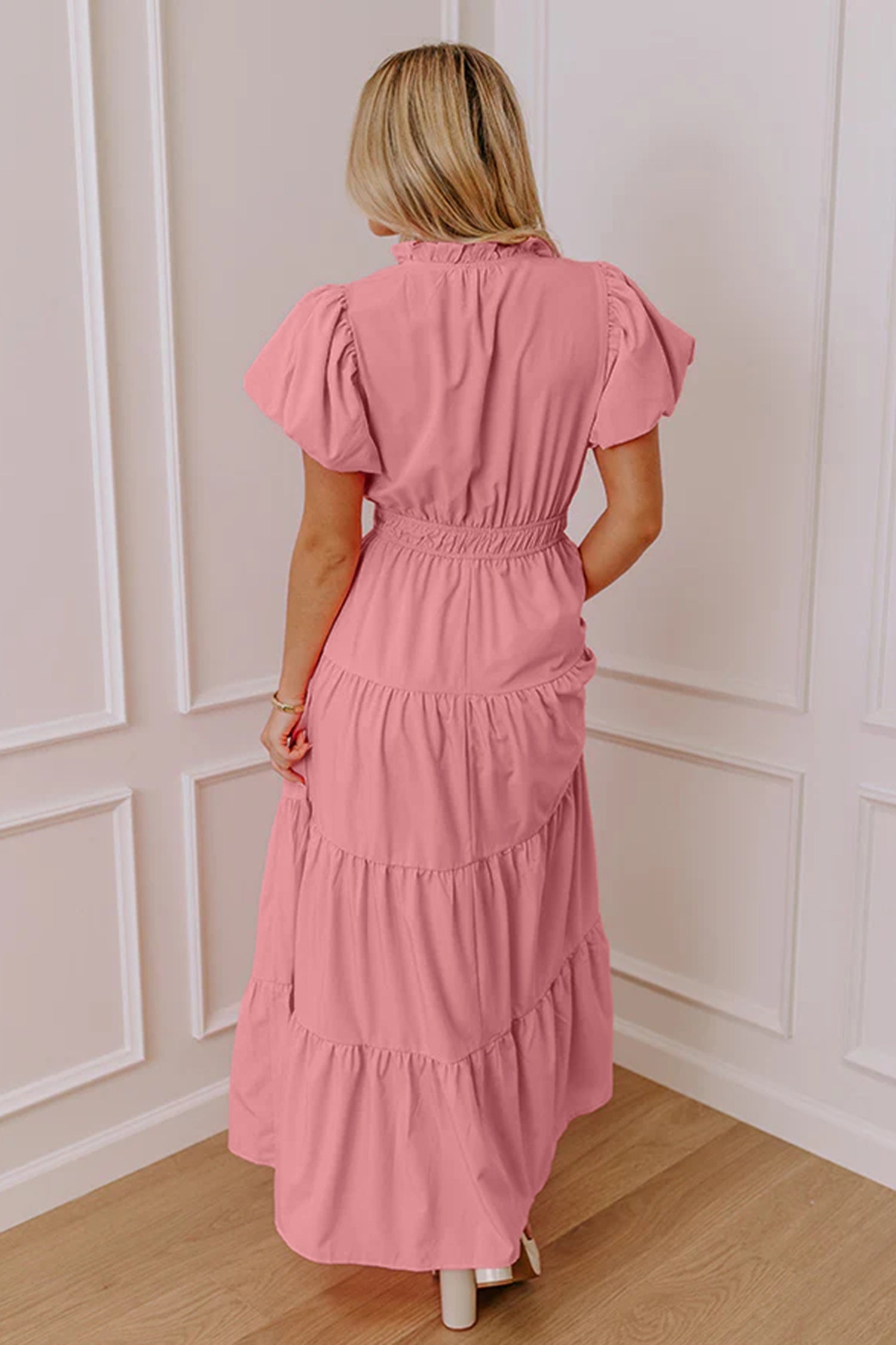 Lavendula Solid Color V Neck Short Puff Sleeve High Waist Tiered Maxi Dress