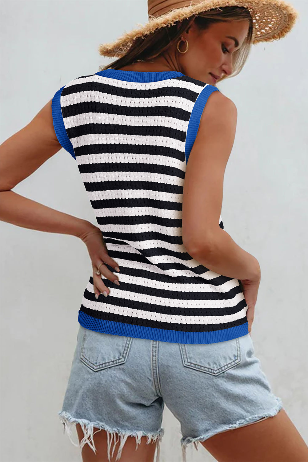 Navy Stripe Pointelle Knit Contrast Trim Sleeveless Sweater Top